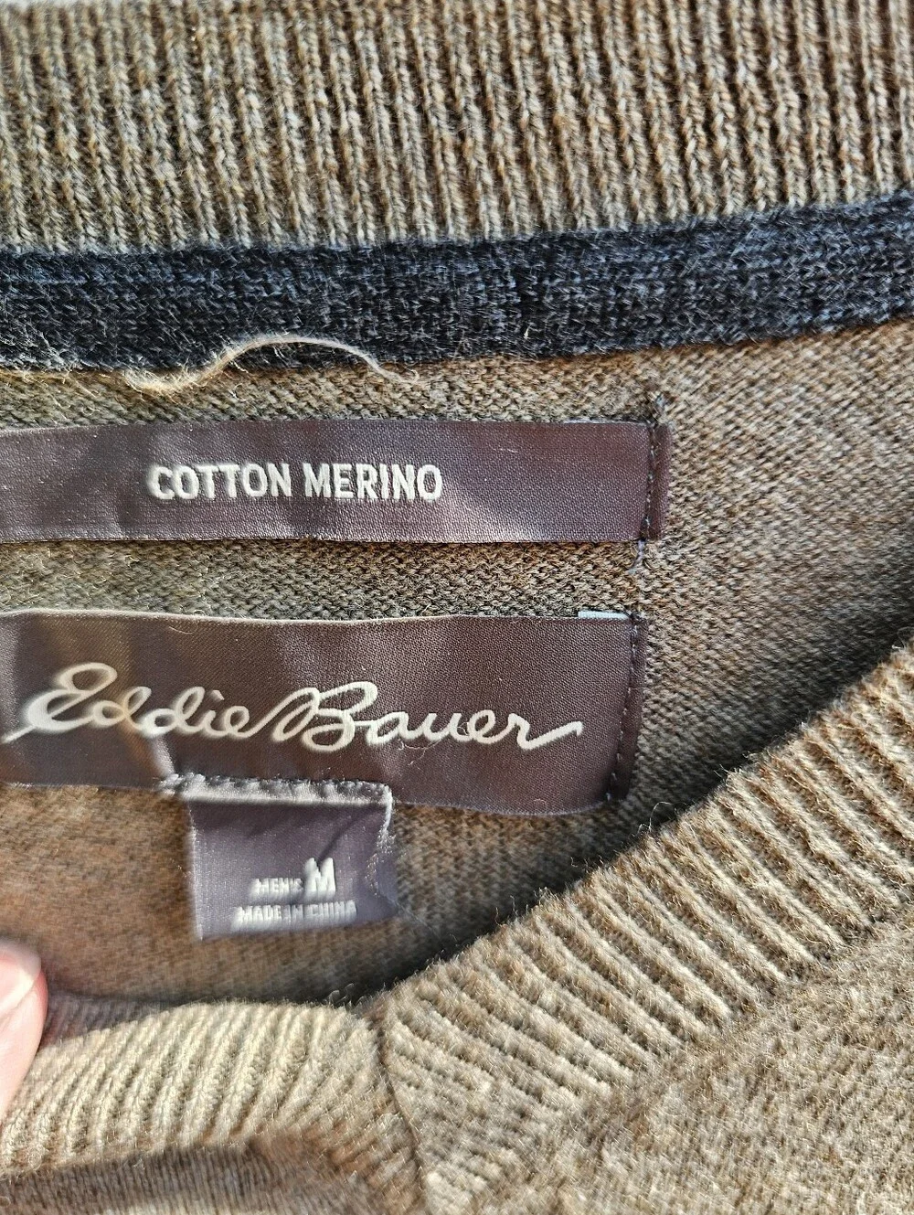 Eddie Bauer Cotton Merino Wool V-Neck Sweater Mens Brown Heathered Pullover Knit
